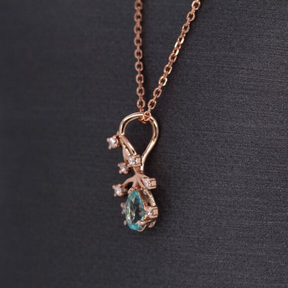 Afghan Paraiba Color Tourmaline Pendant in 14K Solid Gold with Natural Diamonds - Picture 4 of 8